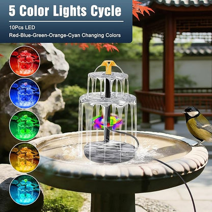 3-Tier Solar Fountain for Bird Bath, Solar Water Pump Waterfall Feature with Colorful Light 3 Nozzles 6W Solar Panel for Bird Bath, Yard Garden Decoration Garden, Outdoor Bird Feeder
