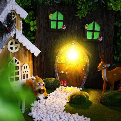 Syhood Fairy Door and Window Miniature Summer Home with Lamp Room Wall and Trees Outdoor Glow in Dark Fairies Sleeping Yard Art Garden Sculpture Patio Lawn Decor Ornament Gift(Stone Style)