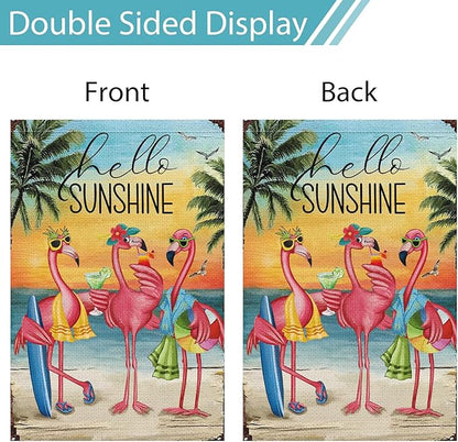 Heyfibro Flamingo Garden Flag Hello Sunshine Hawaii Tropical Beach Holiday Garden Flags 12x18 Double Sided Burlap Welcome Summer Tropical Ocean Sea Yard Flag for Seasonal Outdoor Party Decoration(ONLY