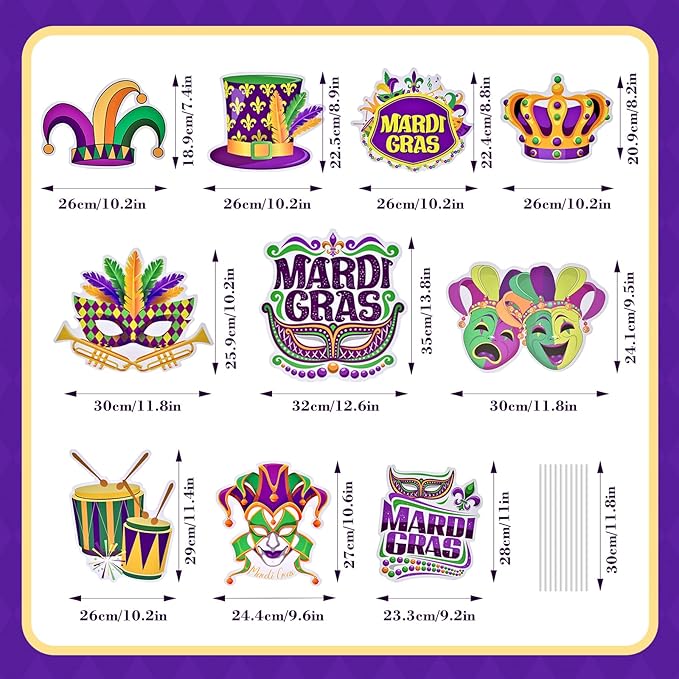 10 Pieces Mardi Gras Decorations Outdoor Yard Garden Porch Sign - Large Festive Mask, Jester, Crown, Drum, and Hat Masquerade Design Signs with Stakes for Outside Carnival Patio Pathway Lawn Decor