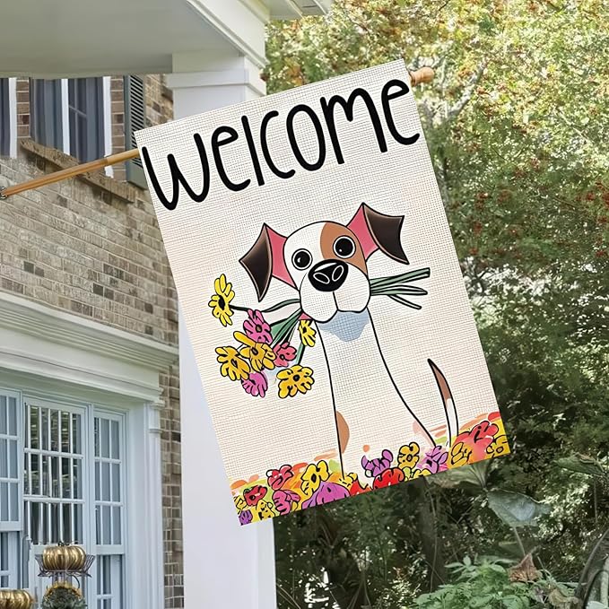BlissYard Welcome Spring Garden Flag 12x18 Inch Double Sided Cartoon Dog Seasonal Small Flags For Outside Outdoor Decor Yard Farmhouse Holiday Spring Summer Decorations Yard Flags