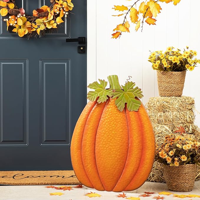 Glitzhome 37.75" H Fall Metal Embossed Pumpkin Yard Stake,Pumpkins Garden Standing Stakes or Hanging Pumpkin Signs for Autumn Harvest Thanksgiving Halloween Lawn Decorations(Three Functions)