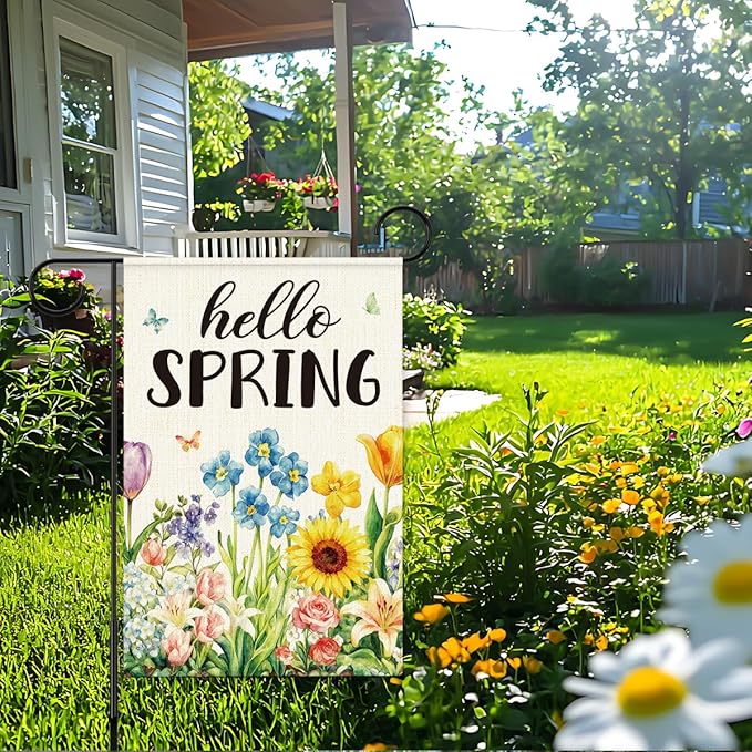 Hello Spring Garden Flag for Outside,Spring Flowers Garden Flag,Seasonal Floral Yard Lawn Porch Flags for Outdoor Decorations 12x18 Inch Double Sided