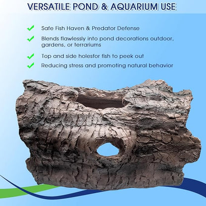 Faux Log Fish Cave, Fish Hide & Aquarium Cave for Koi Pond Decor All-Weather Predator Protection Shelter Durable Pond Decorations for Ponds, Aquariums and Terrariums