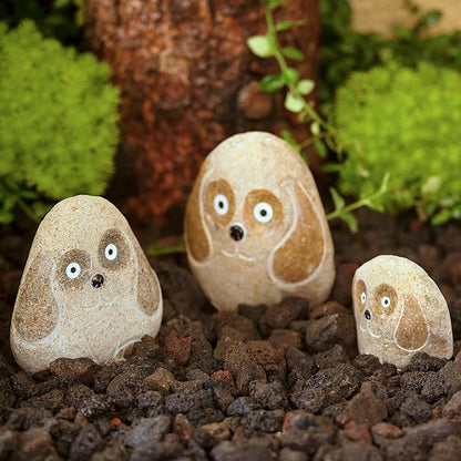 Boulder Dog Family – Set of 3 Hand-Carved Granite Garden Statues – Natural Stone Animal Décor – 4", 6", and 8", Eco-Friendly Outdoor Gift