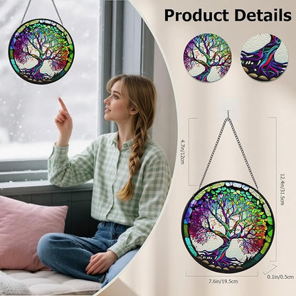 Suncatcher Stained Glass Window Hanging - Life Sun Glass Panel with Metal Chain and Hooks Handmade Sun Catcher Decoration for Window Garden Home Christmas & Birthday Gifts