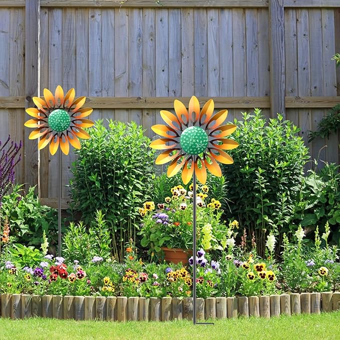2pcs Sunflower Wind Spinner Outdoor, Freestanding Kinetic Wind Sculpture with Stake, Metal Windmill for Outside Garden Lawn Yard Art Decorations Yellow