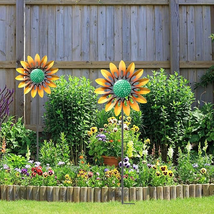 2pcs Sunflower Wind Spinner Outdoor, Freestanding Kinetic Wind Sculpture with Stake, Metal Windmill for Outside Garden Lawn Yard Art Decorations Yellow