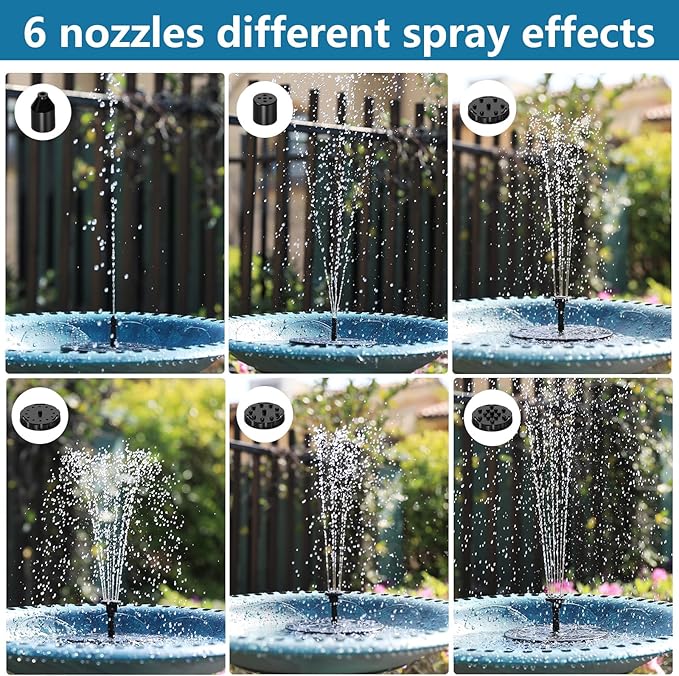 Upgraded Solar Bird Bath Fountains with 6 Nozzles, Free Standing Floating Solar Powered Water Fountain Pump for Bird Bath, Garden, Pond, Pool and Outdoor