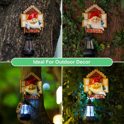Goodeco Gnome Tree Hugger with Solar Lantern - Garden Gnome for Outside Decor,Tree Face Garden Statue,Gift idea 5.5x10.6 inch