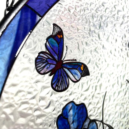 Blue Irises and Butterflies Stained Glass Suncatcher, Handmade Window Hanging Wall Art with Chain, Real Glass Indoor Home Decor, Unique Sun Catcher Gift for Women, Christmas, 11.8”