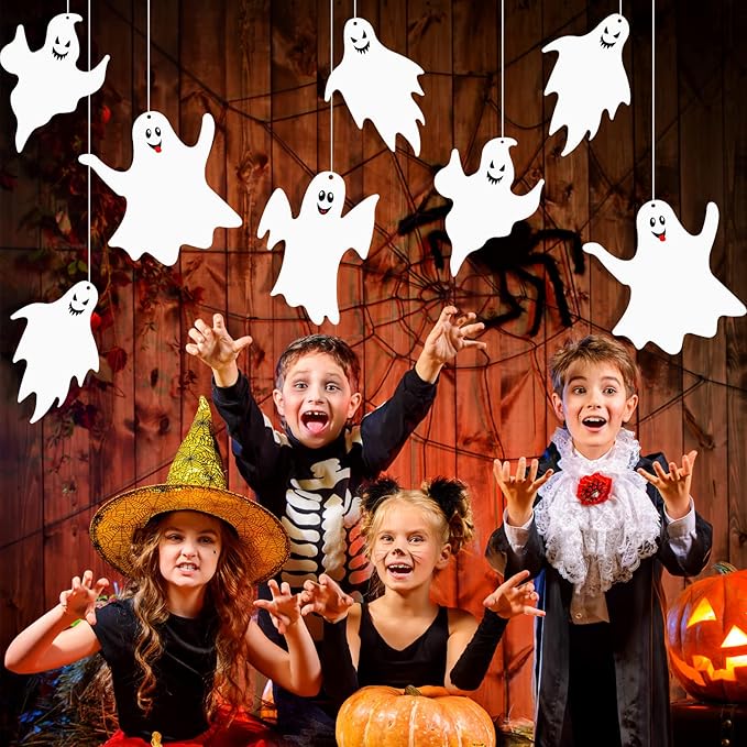 Blulu 12 Pcs Hanging Bats with Lights Halloween Decoration Outside Pumpkin Skeleton Spider Outdoor Lawn Decorations 3 Size Realistic Ghost for The Tree Porch Yard Lawn Indoor(Ghost)