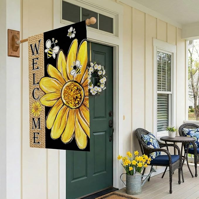 CROWNED BEAUTY Spring Summer House Flag Daisy Bee Double Sided 28x40 Inches Large Burlap Welcome Holiday Seasonal Yard Decoration for Outside Porch