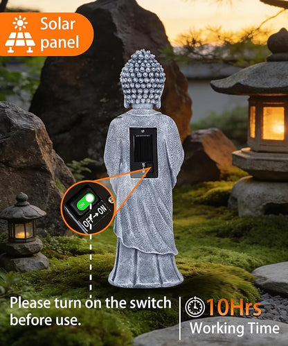 Nacome Solar Buddha Garden Statue Decor: Resin Zen Decor Waterproof Sitting Figurine with Lotus Flower Light Design for Outside Patio Lawn Yard Balcony - 11 inches(Gray)
