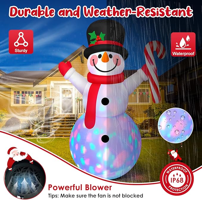 8 FT Tall Christmas Inflatables Outdoor Decorations Blow Up Snowman Inflatable Candy Cane, Build-in Rotating Colorful LEDs Xmas Snow Man Blowups Yard Decoration for Party Holiday Indoor Lawn Garden