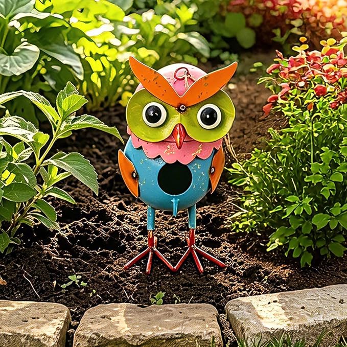 Metal Owl Garden Statues Yard Art Animal Sculpture Garden Figurines Outdoor Decor Lawn Ornaments Hanging Decorative Bird House for Outside