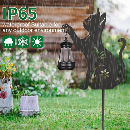 Doorkeer 2Pack Solar Outdoor Garden Lights Stakes Metal Cat Lawn Deco Statue Black Cat Patio Garden Decorative Stakes with Solar Lantern Christmas Birthday Gifts for Women Mom and Grandma