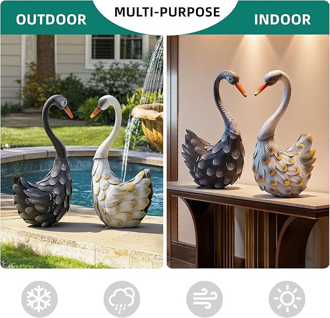 19" Large Swan Statue Set of 2, Handcrafted Lifelike Swan Sculptures Decor with Secure Stakes, Weatherproof Metal Yard Art for Outdoor Indoor Decor, Ideal for Weddings & Valentine’s Day