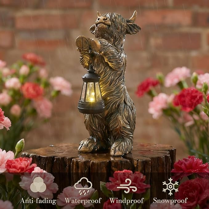 TERESA'S COLLECTIONS Highland Cow Garden Decor with Solar Lantern,High Mountain Yak Yard Decorations Outdoor, Holding Light Resin Outdoor Statues for Patio Porch Lawn,Gifts for Mom Dad 10"