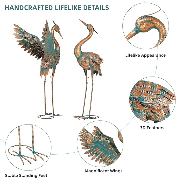 Extra-Large Metal Crane Statue, 36.8" Handcrafted Blue Heron Decor Sculptures with Stable U-Ground Stakes, Backyard Decoration, Metal Garden Bird Animal Yard Art, Lawn Ornament Decor