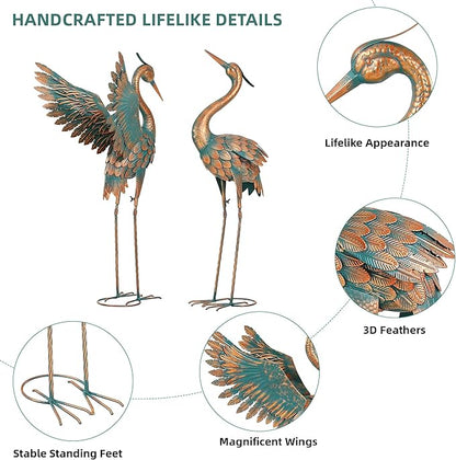 Extra-Large Metal Crane Statue, 36.8" Handcrafted Blue Heron Decor Sculptures with Stable U-Ground Stakes, Backyard Decoration, Metal Garden Bird Animal Yard Art, Lawn Ornament Decor