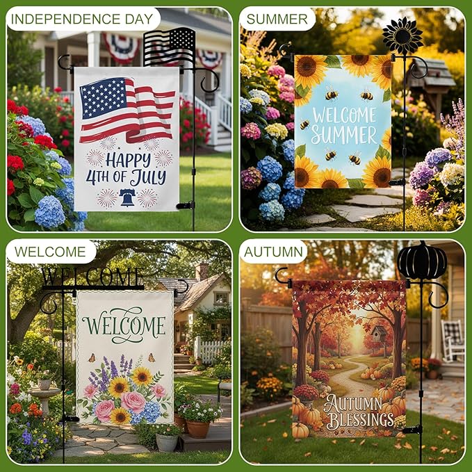 Garden Flag Stand Holder with 12 Interchangeable Seasonal Iron Decorations Yard Flag Holder Weather Proof Metal Powder Coated Flagpole with Clip Spring Stopper for Outdoor Garden Decor