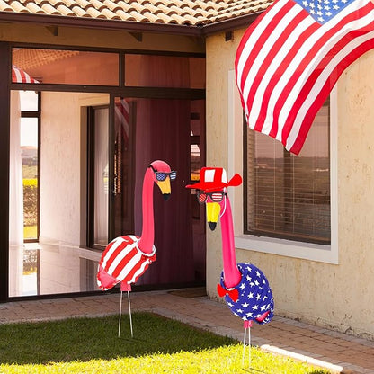 Geelin 2 Set 4th of July Yard Flamingo Outfits 31" Patriotic 250th Anniversary Memorial Day American Flag Outdoor Signs Red White Blue Yard Flamingos Decor, Statue Not Included