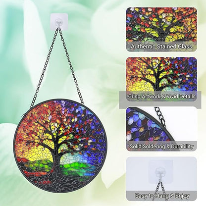 Stained Glass Window Hanging - 6.3 Inch Colorful Tree of Life Suncatcher, Tree of Life Wall Art for Window Home Door Garden Outdoor Decor and housewarmings Birthday, Gifts for Adults Women Men Mom