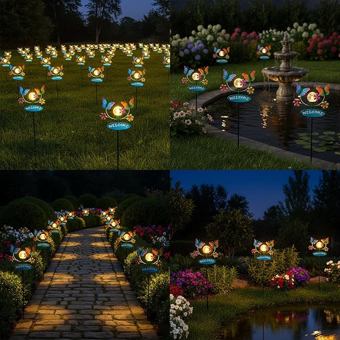 Solar Garden Stakes Metal Welcome Signs for Outside 28.1' - 2 Flying Butterflies with Cracked Glass Ball,Decorative Garden Stakes for Lawn, Patio, Butterfly Gifts for Women