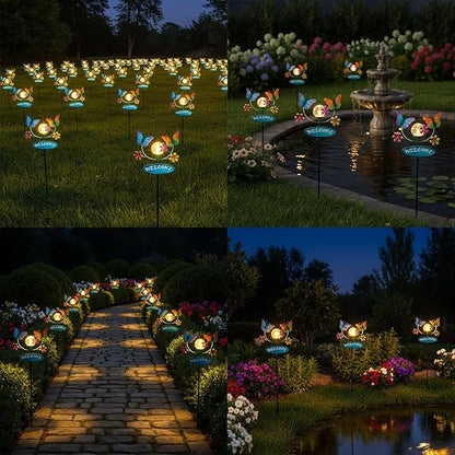 Solar Garden Stakes Metal Welcome Signs for Outside 28.1' - 2 Flying Butterflies with Cracked Glass Ball,Decorative Garden Stakes for Lawn, Patio, Butterfly Gifts for Women
