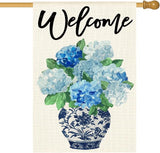 AVOIN colorlife Spring Hydrangea Floral Welcome House Flag 28x40 Inch Double Sided Outside, Blue and White Chinoiserie Seasonal Yard Outdoor Flag