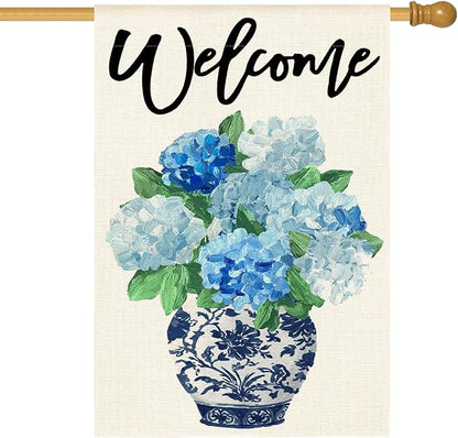 AVOIN colorlife Spring Hydrangea Floral Welcome House Flag 28x40 Inch Double Sided Outside, Blue and White Chinoiserie Seasonal Yard Outdoor Flag