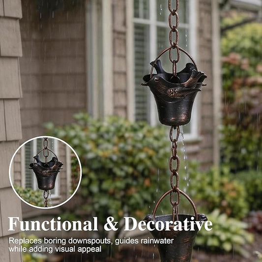 Topadorn 8.5ft Hummingbird & Bell Rain Chain for Gutters – 12 Cups Rain Collector, Adjustable Length, Functional Decorative Downspout Replacement for Outdoor Garden