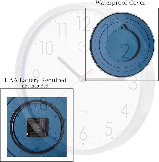 Clockswise 12" Waterproof Aluminum Wall Clock Battery Operated Precision Quartz Movement Weather Resistant Metal Frame for Indoor Outdoor Bathroom Kitchen Patio Garden Living Room Office & Home Décor