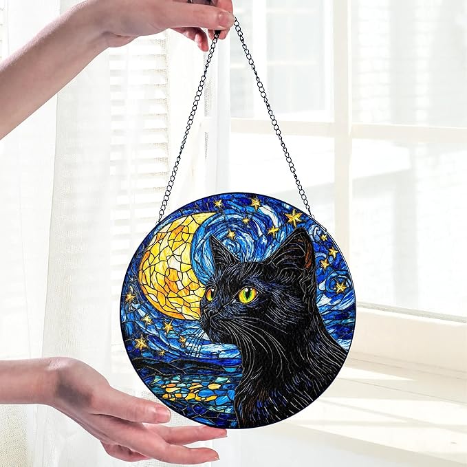 Black Cat Stained Glass Suncatcher Window Hanging Decor for Garden, Starry Night Cat Suncatcher Window Panel Gifts for Cats Lovers, Memorial Gifts for Pet Loss Sympathy Gift for Outdoor Decorations