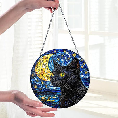 Black Cat Stained Glass Suncatcher Window Hanging Decor for Garden, Starry Night Cat Suncatcher Window Panel Gifts for Cats Lovers, Memorial Gifts for Pet Loss Sympathy Gift for Outdoor Decorations
