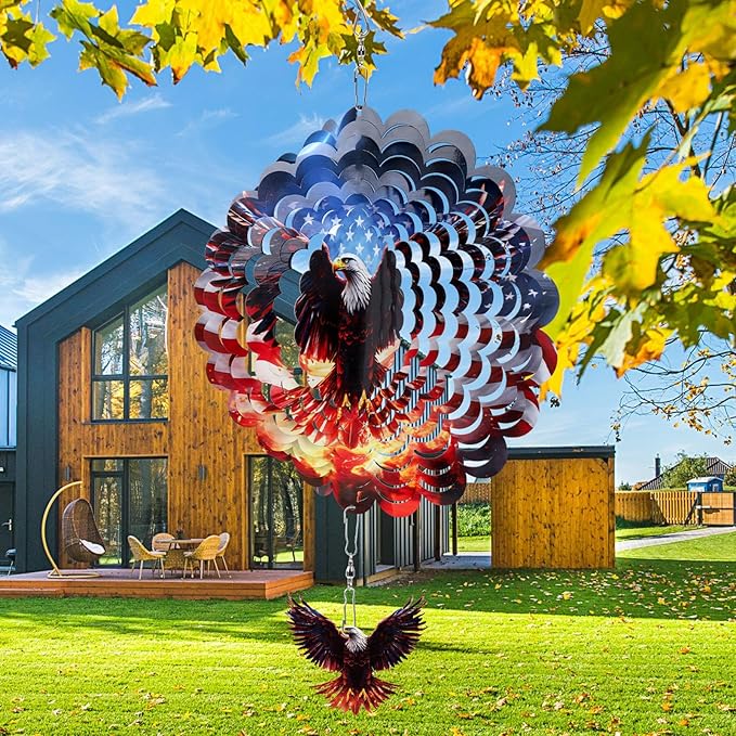 Rngmsi American Flag Eagle Hanging Wind Spinner Outdoor, 12 Inches 3D Stainless Steel Yard Decorations, 250th Anniversary Home Yard Art Gifts for Women