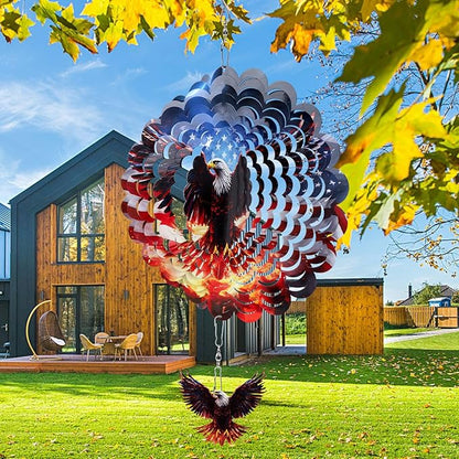 Rngmsi American Flag Eagle Hanging Wind Spinner Outdoor, 12 Inches 3D Stainless Steel Yard Decorations, 250th Anniversary Home Yard Art Gifts for Women