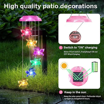 Solar Wind Chimes for Outside- Pig Wind Chimes Pink,7 Colors Changing Outdoor Waterproof Flying Pig LED Wind Bell, Patio Garden Yard Decor (Mom, Women, Gardening Gifts)
