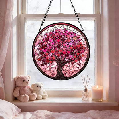 Stained Glass Window Hanging - DASTOLL, Birthday Gifts for Women Men Mom Dad, Pink Love Tree Suncatcher for Doors Window Home Sun Catchers Decor 6.3 in