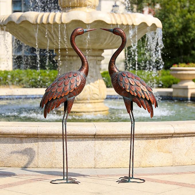 chisheen 2PCS Garden Crane Statues Outdoor Sculptures Metal Yard Art Statue for Garden Decoration Large Size Set of 2