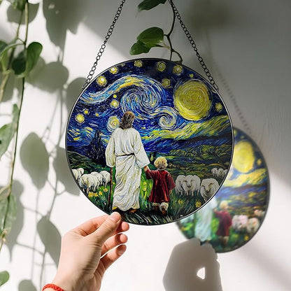 8 Inches Jesus with Child Stained Glass Suncatcher, Window Hanging Home Decor, Starry Night Ornament, Christian Gift, Religious Gifts for Her or Him, Gifts for Christmas