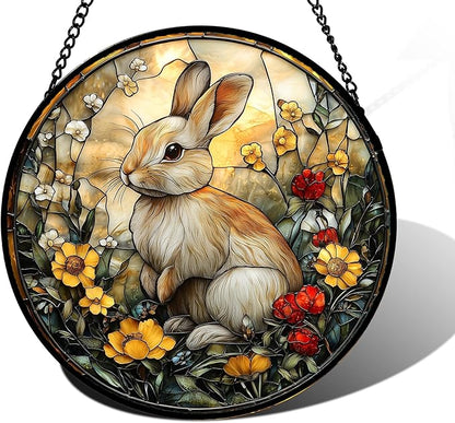 DASTOLL Stained Glass Window Hanging - Rabbit Flowers Suncatcher Ready to Hang Window Doors Home Decoration, Easter, Mother's Day Birthday Gifts for Women, Men, and Mom 11.8x11.8 in