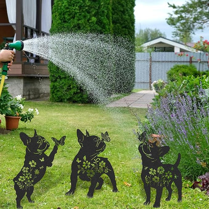 French Bulldog Gifts Decor - 3 Pcs Metal Garden Stakes Outdoor Animal Statue Decorations Patio Lawn Pathway Yard Art Ornaments Butterfly Flower Silhouette Christmas Birthday for Dog Lover