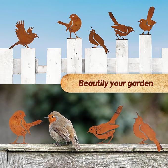 5-Pack Rustic Metal Bird Statues for Outdoor Garden - Vintage Yard Art Decor with Realistic Bird Shapes for Fence, Patio, Lawn Ornament