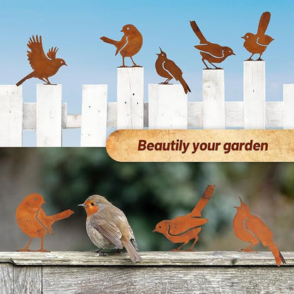 5-Pack Rustic Metal Bird Statues for Outdoor Garden - Vintage Yard Art Decor with Realistic Bird Shapes for Fence, Patio, Lawn Ornament