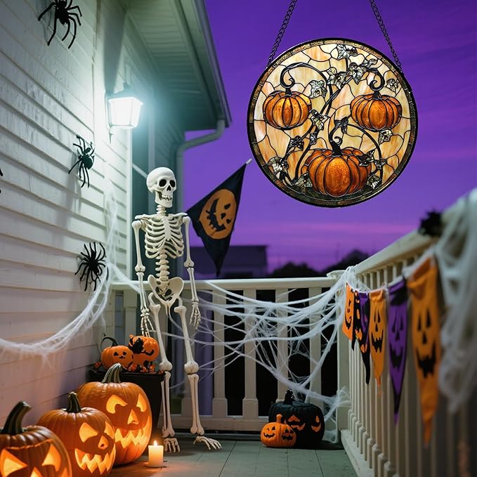 DASTOLL Stained Glass Window Hanging - Halloween Decoration Orange Pumpkin Vine Leaves Suncatcher for Door Garden Spooky Sun Catchers Gothic Decor Horror Gifts for Women Men Friend Boy Girl 9.8 in