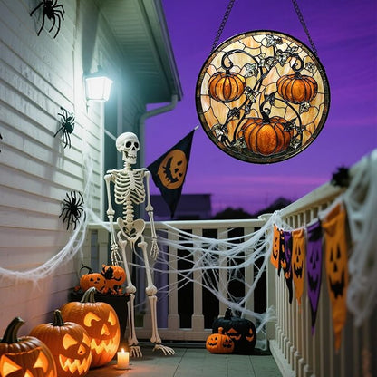 DASTOLL Stained Glass Window Hanging - Halloween Decoration Orange Pumpkin Vine Leaves Suncatcher for Door Garden Spooky Sun Catchers Gothic Decor Horror Gifts for Women Men Friend Boy Girl 15 in
