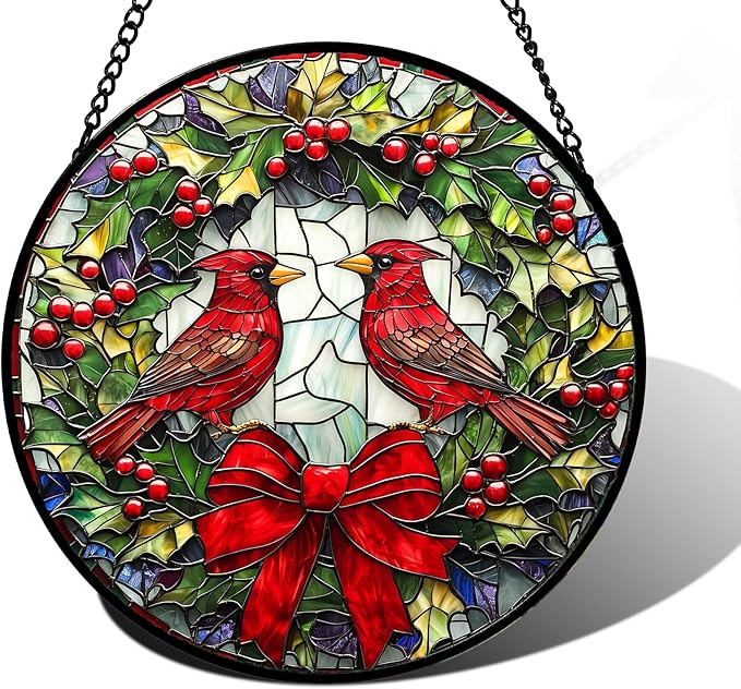 DASTOLL Stained Glass Window Hanging - Cardinals Green Wreath Suncatcher for Doors Home Christmas Decoration Red Bird Sun Catcher Thanksgiving New Year Birthday Gift for Women Men Mom Nana 11.8 in