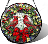 DASTOLL Stained Glass Window Hanging - Cardinals Green Wreath Suncatcher for Doors Home Christmas Decoration Red Bird Sun Catcher Thanksgiving New Year Birthday Gift for Women Men Mom Nana 6.3 in